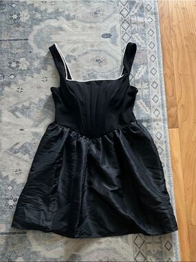 City Studio Black Mini Dress with Pearl-Trim Square Neck